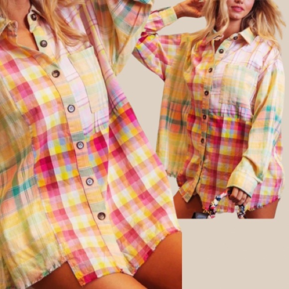 New Trendy Boho Multi Plaid Vintage Washed Distressed Hem Button Down Shirt - Picture 10 of 10